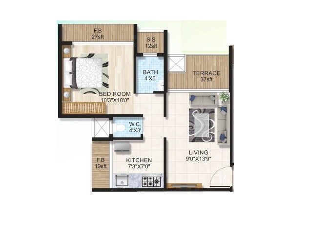 Floor plan of 1 BHK 265 Sq. Ft. Apartment in Dev Sai Garden, Navi Mumbai