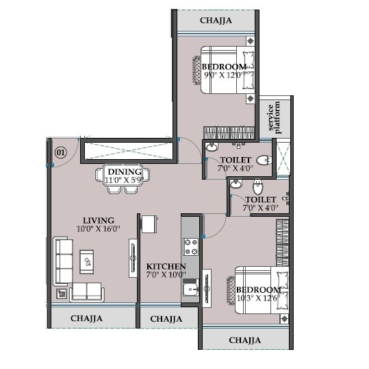 Floor plan of 2 BHK 750 Sq. Ft. Apartment in Devam Elysian, Navi Mumbai