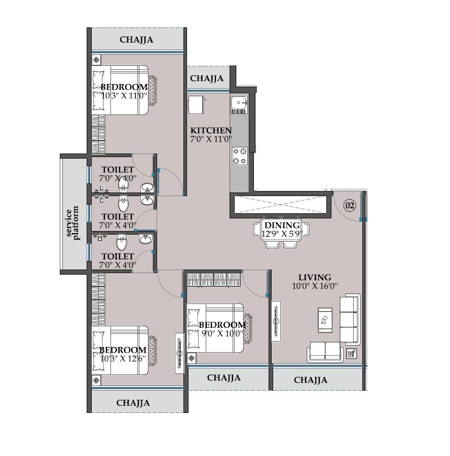 Floor plan of 3 BHK 960 Sq. Ft. Apartment in Devam Elysian, Navi Mumbai