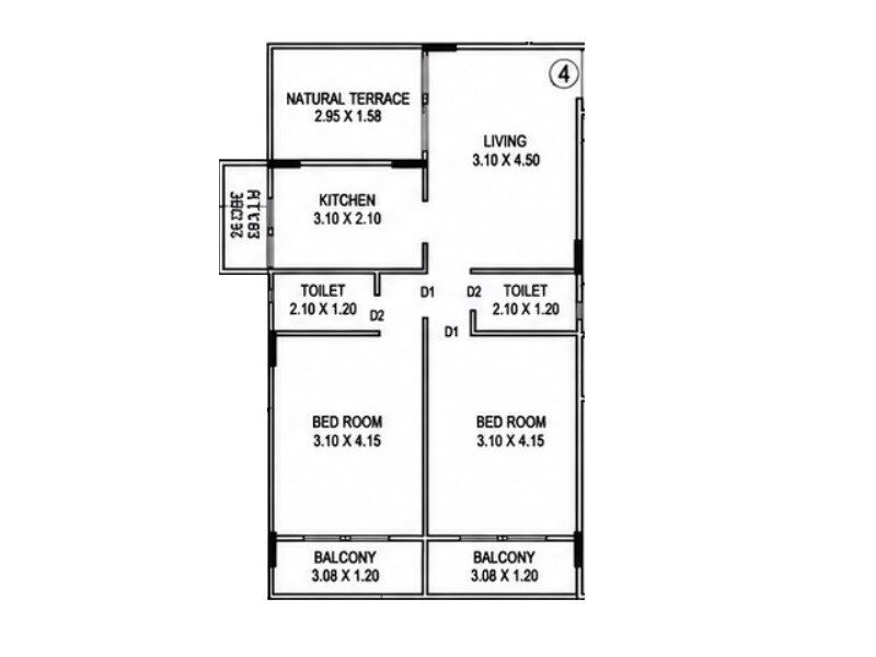 Floor plan of 2 BHK 538 Sq. Ft. Apartment in Devki Crystal CHS, Navi Mumbai