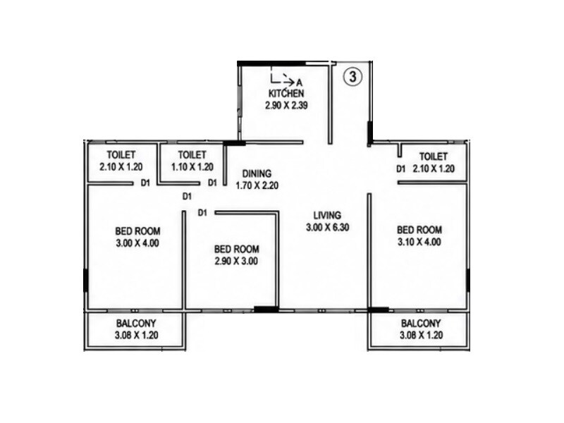 Floor plan of 3 BHK 958 Sq. Ft. Apartment in Devki Crystal CHS, Navi Mumbai