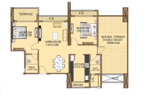Floor plan of 2 BHK 1397 Sq. Ft. Apartment in Dhanraj Majestic Heights, Navi Mumbai