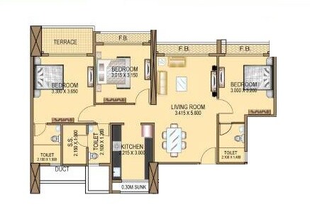 Floor plan of 3 BHK 1500 Sq. Ft. Apartment in Dhanraj Majestic Heights, Navi Mumbai