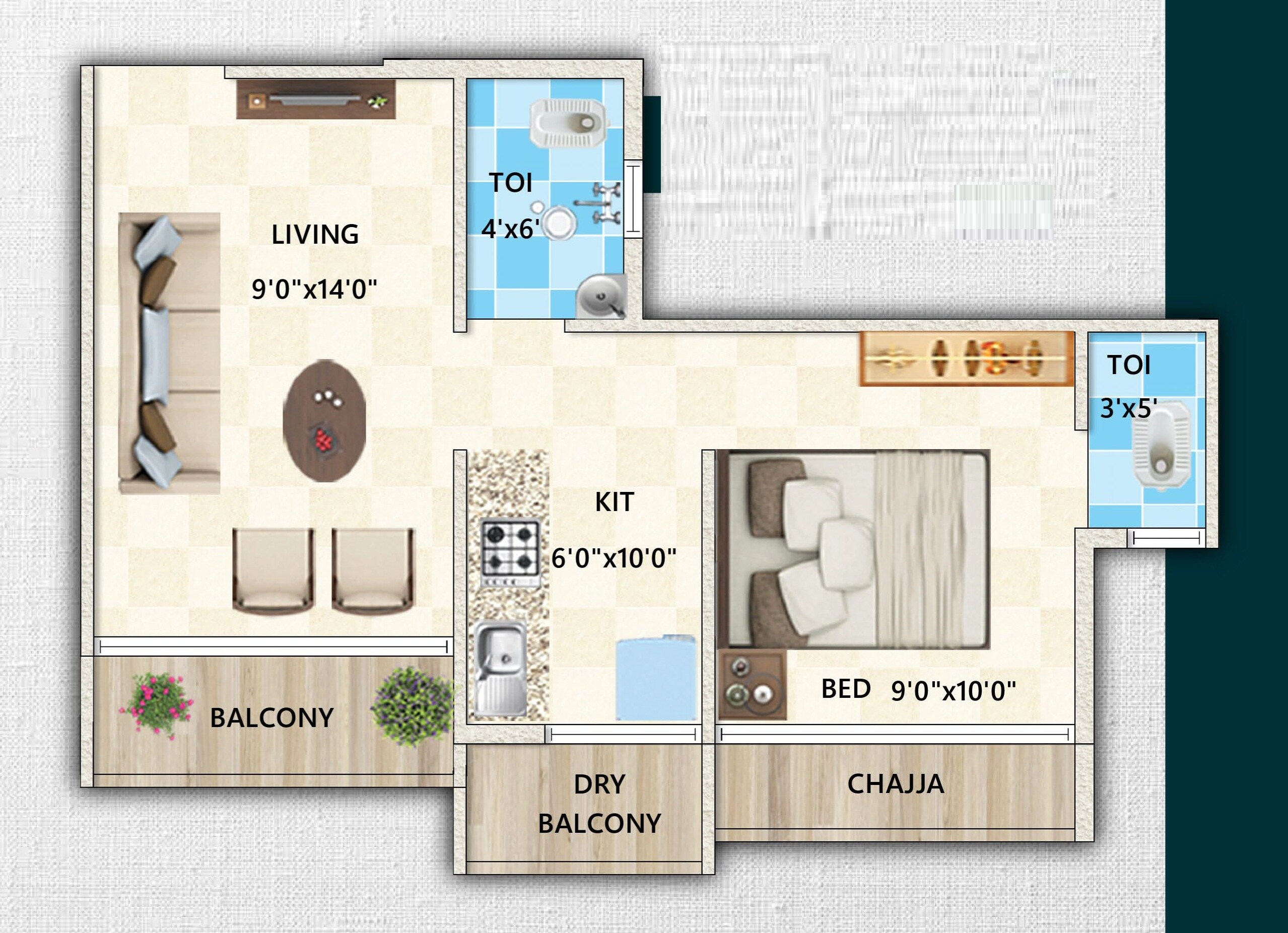 Floor plan of 1 BHK 396 Sq. Ft. Apartment in Dharti Corner Ulwe, Navi Mumbai