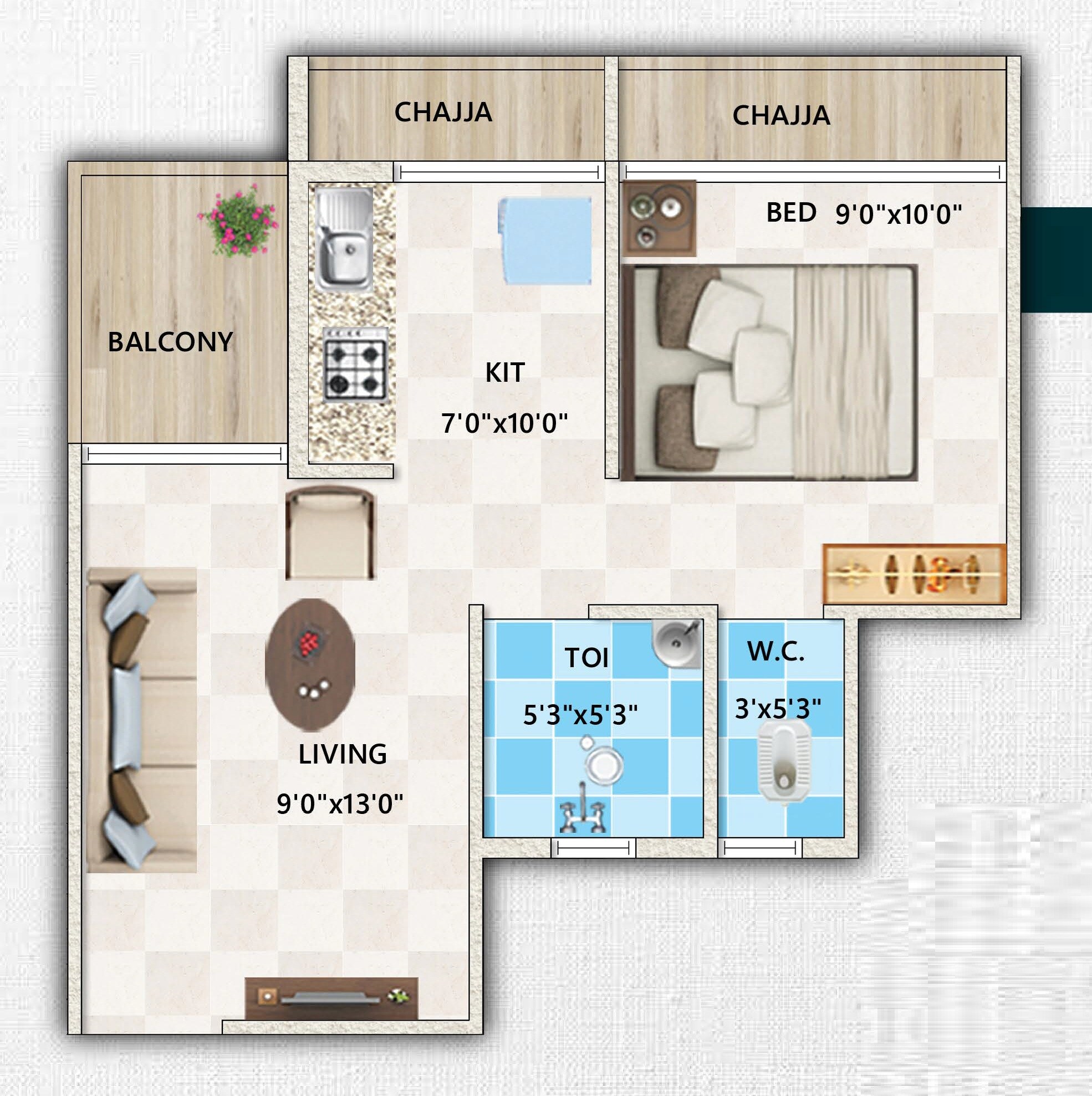 Floor plan of 1 BHK 480 Sq. Ft. Apartment in Dharti Corner Ulwe, Navi Mumbai