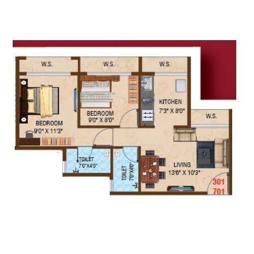 Floor plan of 2 BHK 418 Sq. Ft. Apartment in Dharti Divine Capital, Navi Mumbai