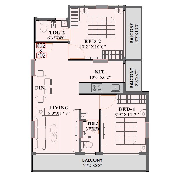 Floor plan of 2 BHK 513 Sq. Ft. Apartment in Dharti Krishna, Navi Mumbai