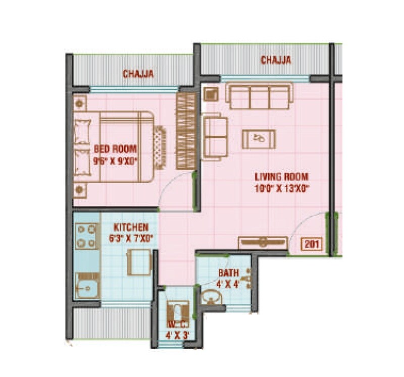 Floor plan of 1 BHK 276 Sq. Ft. Apartment in Divine Flair, Navi Mumbai