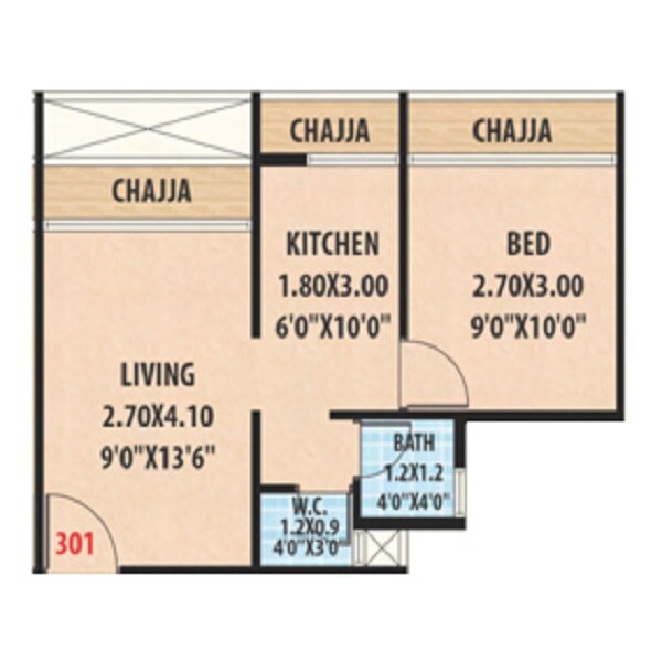 Floor plan of 1 BHK 286 Sq. Ft. Apartment in Divine Plaza, Navi Mumbai