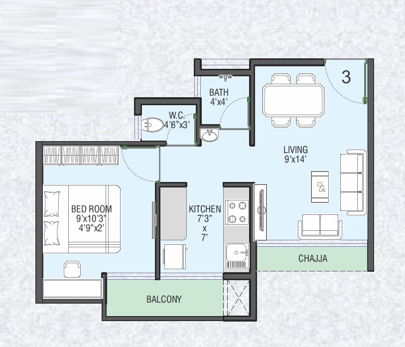 Floor plan of 1 BHK 341 Sq. Ft. Apartment in Divine Vista Harmony, Navi Mumbai