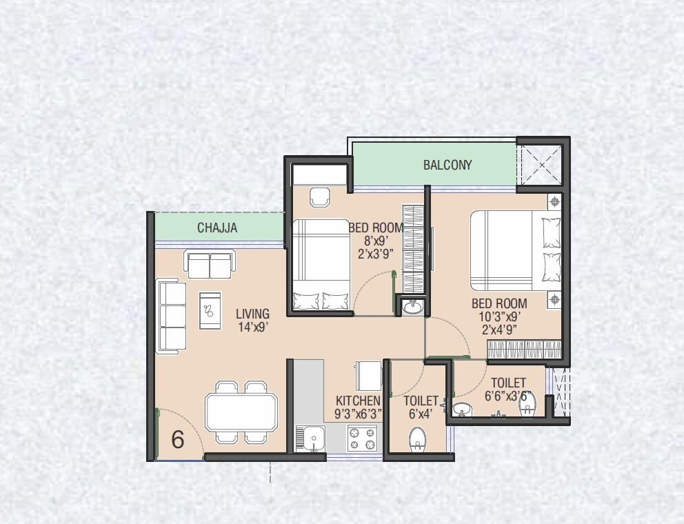Floor plan of 2 BHK 434 Sq. Ft. Apartment in Divine Vista Harmony, Navi Mumbai