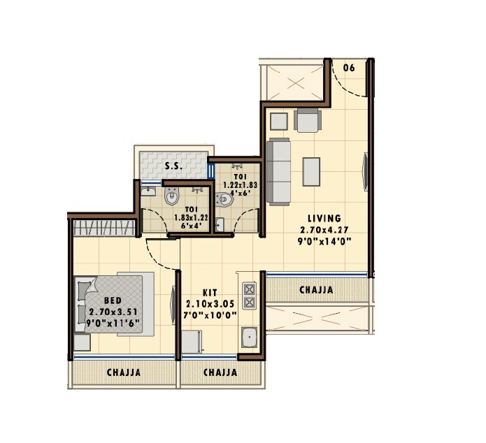 Floor plan of 1 BHK 371 Sq. Ft. Apartment in Divyadrishti Siddhivinayak Anaya, Navi Mumbai