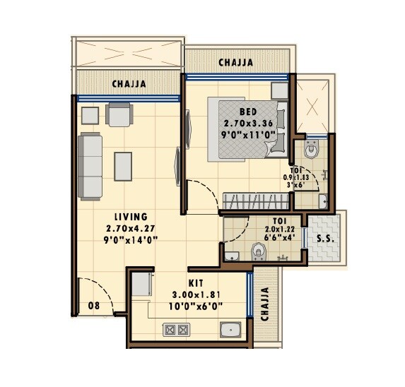 Floor plan of 1 BHK 450 Sq. Ft. Apartment in Divyadrishti Siddhivinayak Anaya, Navi Mumbai
