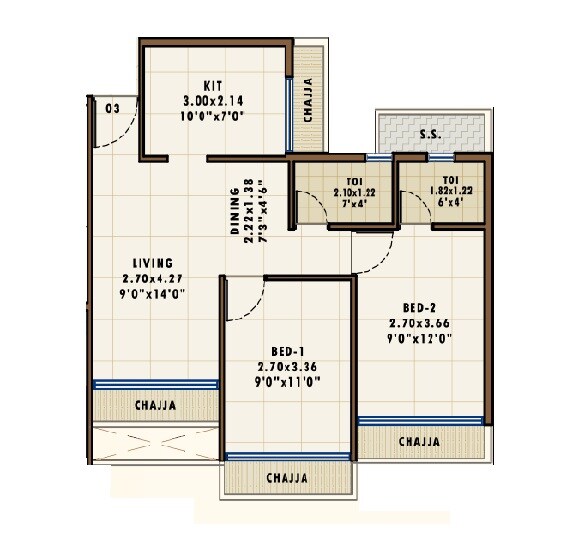Floor plan of 2 BHK 531 Sq. Ft. Apartment in Divyadrishti Siddhivinayak Anaya, Navi Mumbai