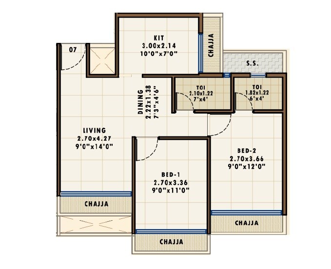 Floor plan of 2 BHK 650 Sq. Ft. Apartment in Divyadrishti Siddhivinayak Anaya, Navi Mumbai