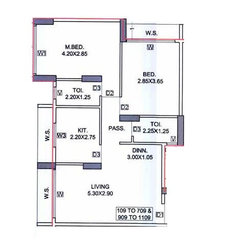 Floor plan of 2 BHK 616 Sq. Ft. Apartment in Divyadrishti Siddhivinayak Atulyam, Navi Mumbai