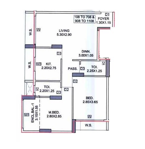 Floor plan of 2 BHK 641 Sq. Ft. Apartment in Divyadrishti Siddhivinayak Atulyam, Navi Mumbai
