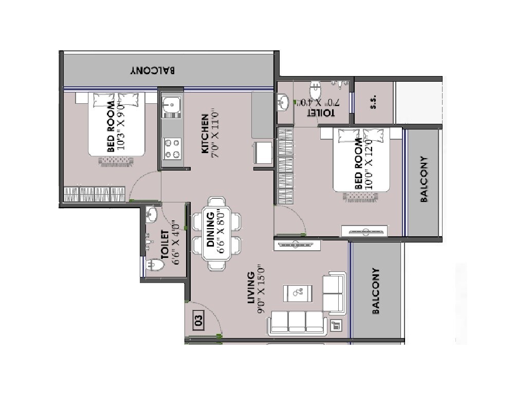 Floor plan of 2 BHK 570 Sq. Ft. Apartment in Diya Bhakti Hill, Navi Mumbai