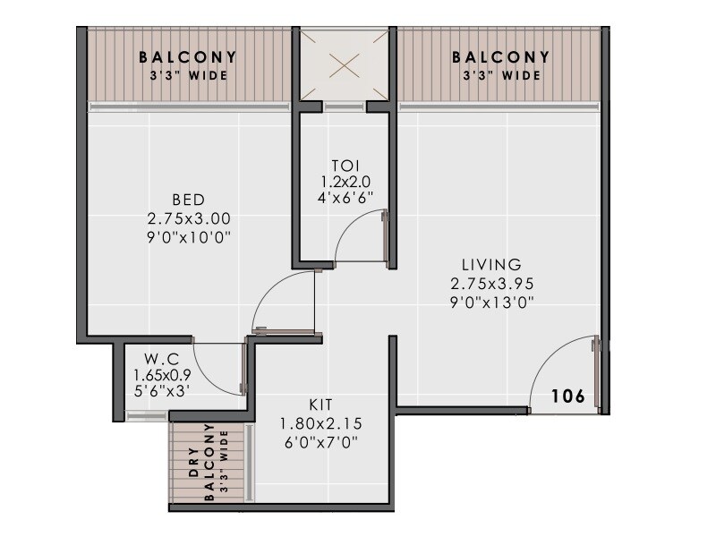 Floor plan of 1 BHK 296 Sq. Ft. Apartment in DN Heritage, Navi Mumbai