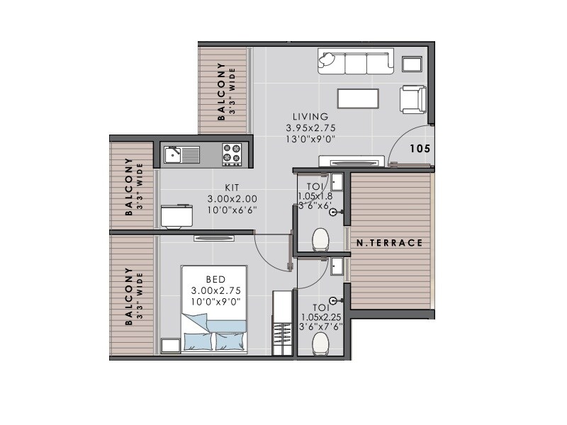 Floor plan of 1 BHK 322 Sq. Ft. Apartment in DN Heritage, Navi Mumbai