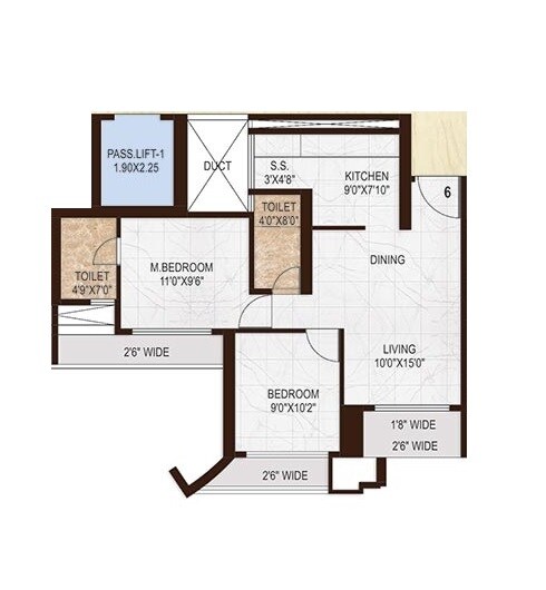 Floor plan of 2 BHK 707 Sq. Ft. Apartment in Dream Meadows, Navi Mumbai