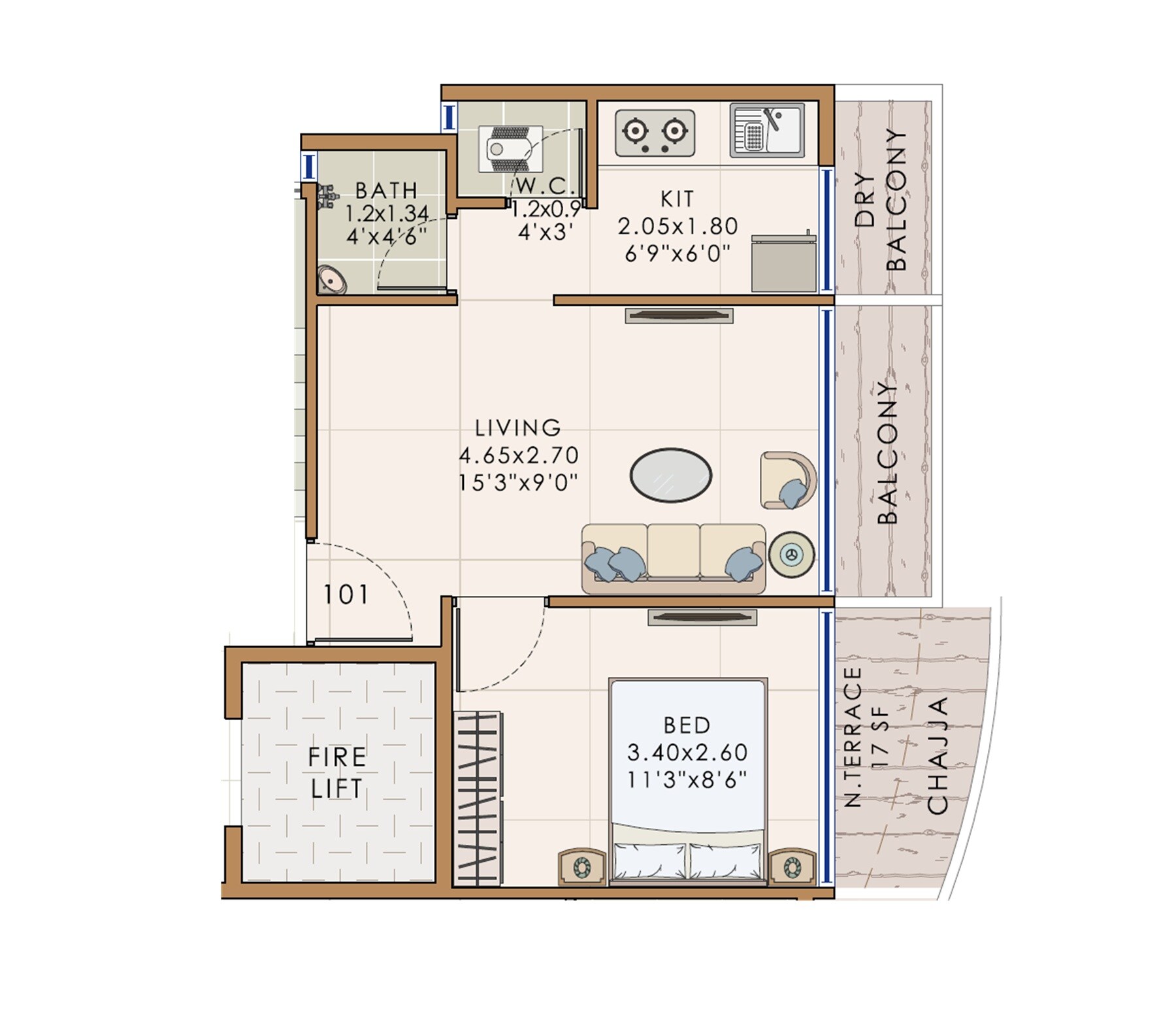 Floor plan of 1 BHK 305 Sq. Ft. Apartment in Dream Siddhivinayak Heights, Navi Mumbai