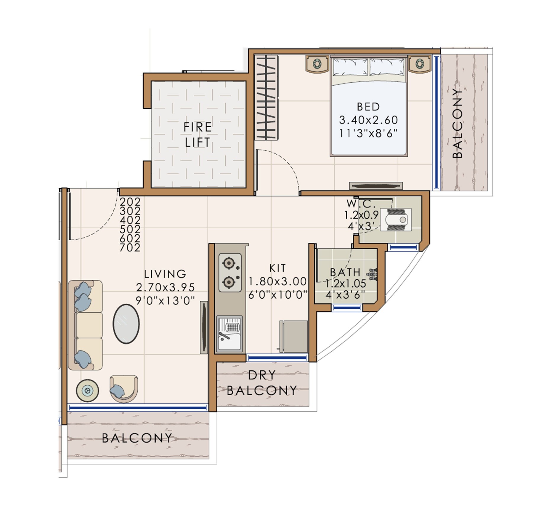 Floor plan of 1 BHK 313 Sq. Ft. Apartment in Dream Siddhivinayak Heights, Navi Mumbai