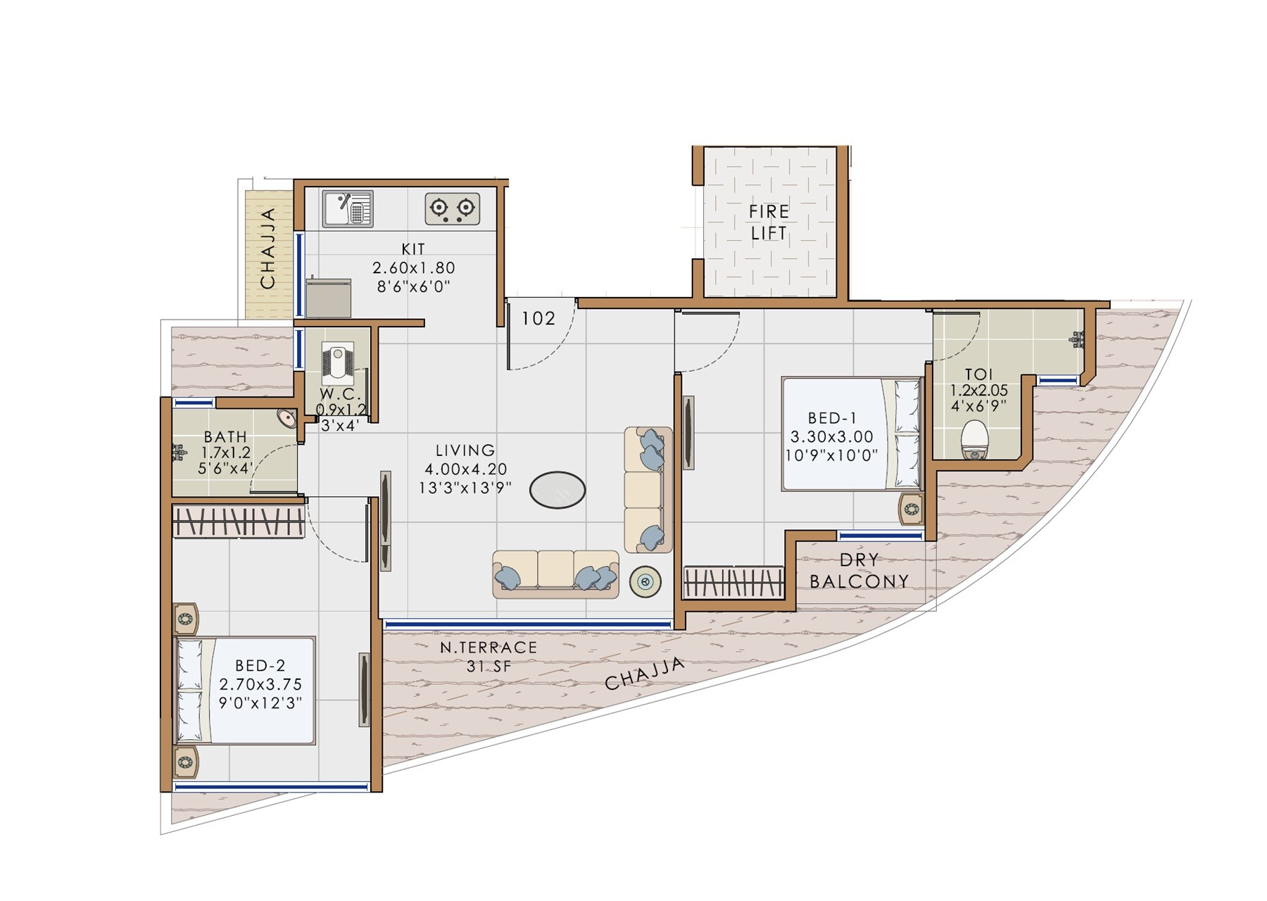 Floor plan of 2 BHK 530 Sq. Ft. Apartment in Dream Siddhivinayak Heights, Navi Mumbai