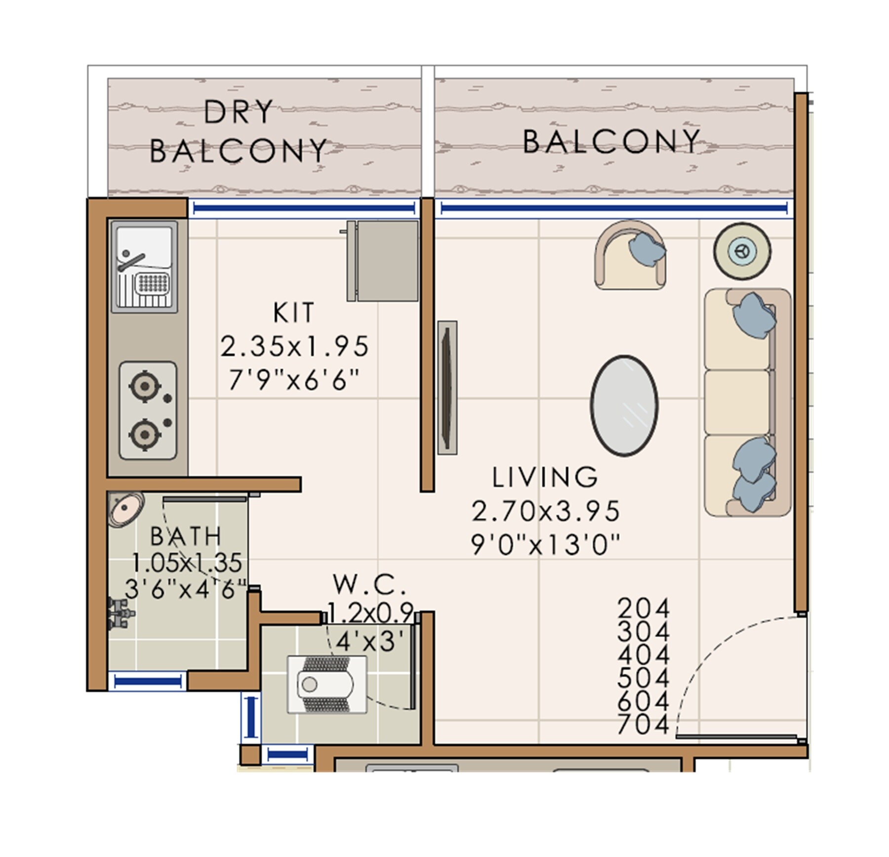 Floor plan of 213 Sq. Ft. Studio in Dream Siddhivinayak Heights, Navi Mumbai