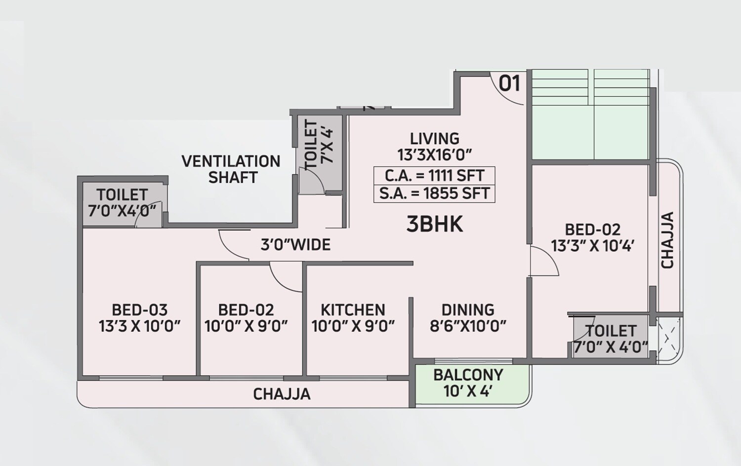 Floor plan of 3 BHK 1111 Sq. Ft. Apartment in Dudhe Sai Shell, Navi Mumbai