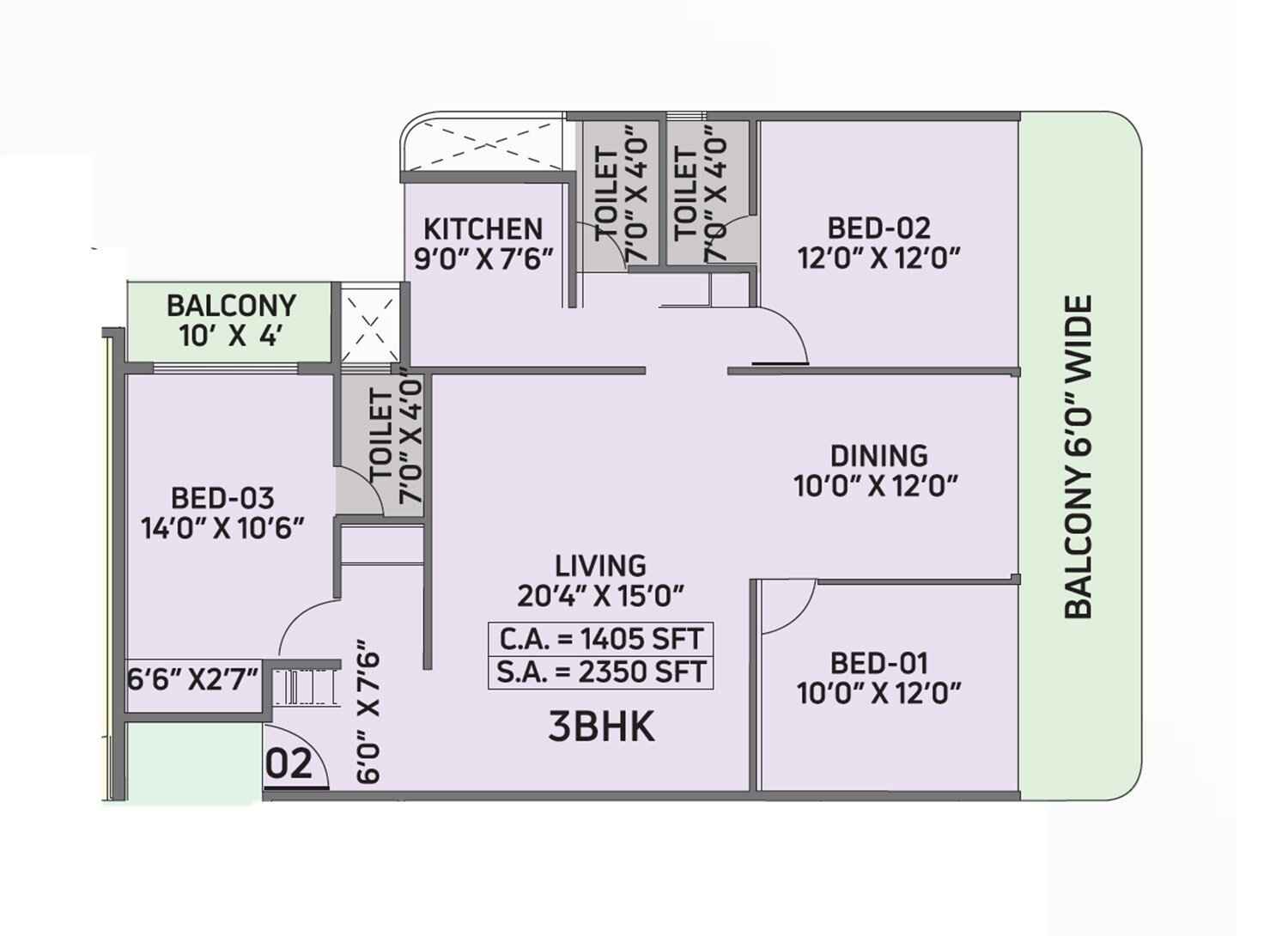 Floor plan of 3 BHK 1405 Sq. Ft. Apartment in Dudhe Sai Shell, Navi Mumbai