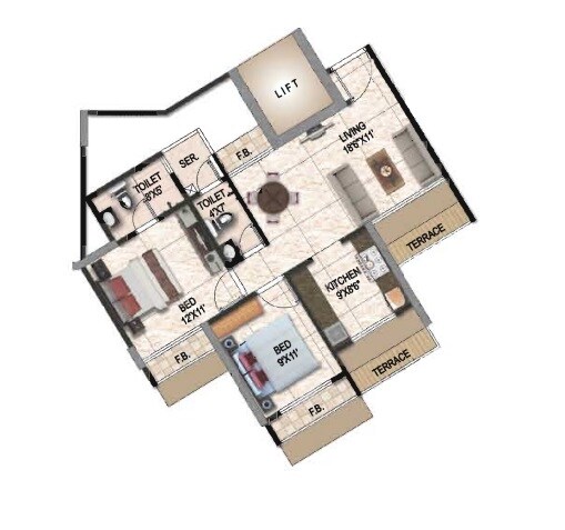 Floor plan of 2 BHK 481 Sq. Ft. Apartment in Dudhe Vitevari, Navi Mumbai