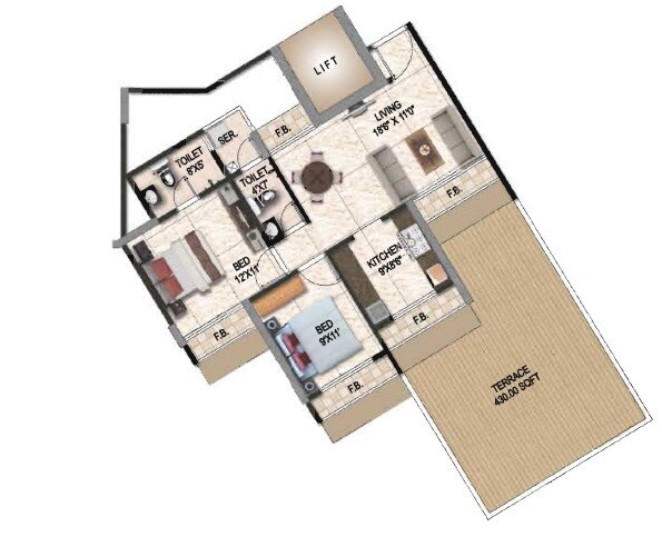 Floor plan of 2 BHK 518 Sq. Ft. Apartment in Dudhe Vitevari, Navi Mumbai