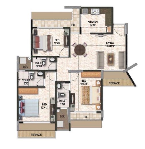 Floor plan of 3 BHK 715 Sq. Ft. Apartment in Dudhe Vitevari, Navi Mumbai