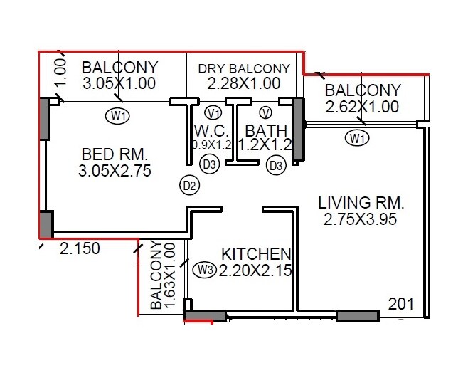 Floor plan of 1 BHK 430 Sq. Ft. Apartment in DV Vitthal Sparsh, Navi Mumbai