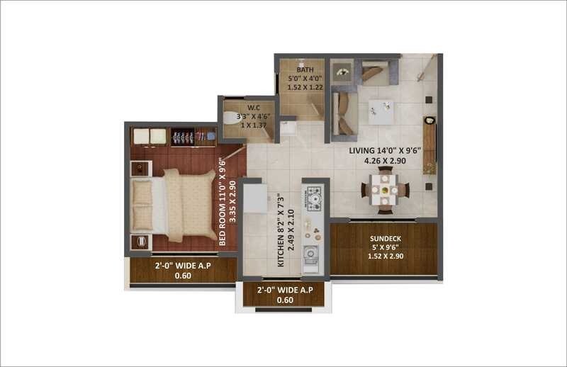 Floor plan of 1 BHK 442 Sq. Ft. Apartment in Eco Greens Phase 2, Navi Mumbai