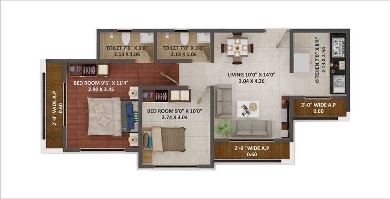 Floor plan of 2 BHK 403 Sq. Ft. Apartment in Eco Greens Phase 2, Navi Mumbai