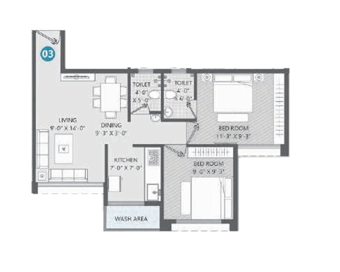 Floor plan of 2 BHK 526 Sq. Ft. Apartment in Edenic Utopia, Navi Mumbai