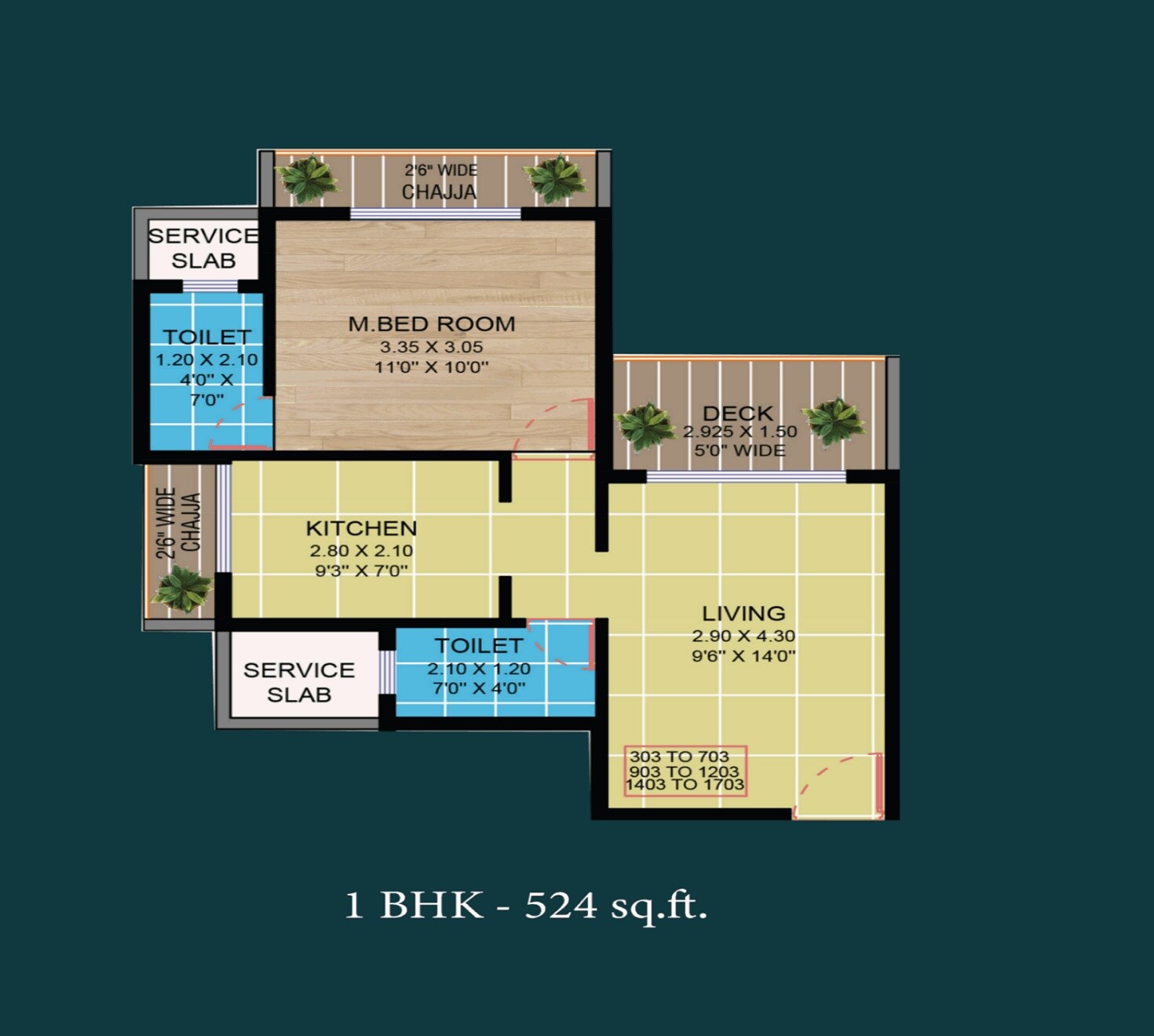 Floor plan of 1 BHK 524 Sq. Ft. Apartment in Ellora Emerald, Navi Mumbai