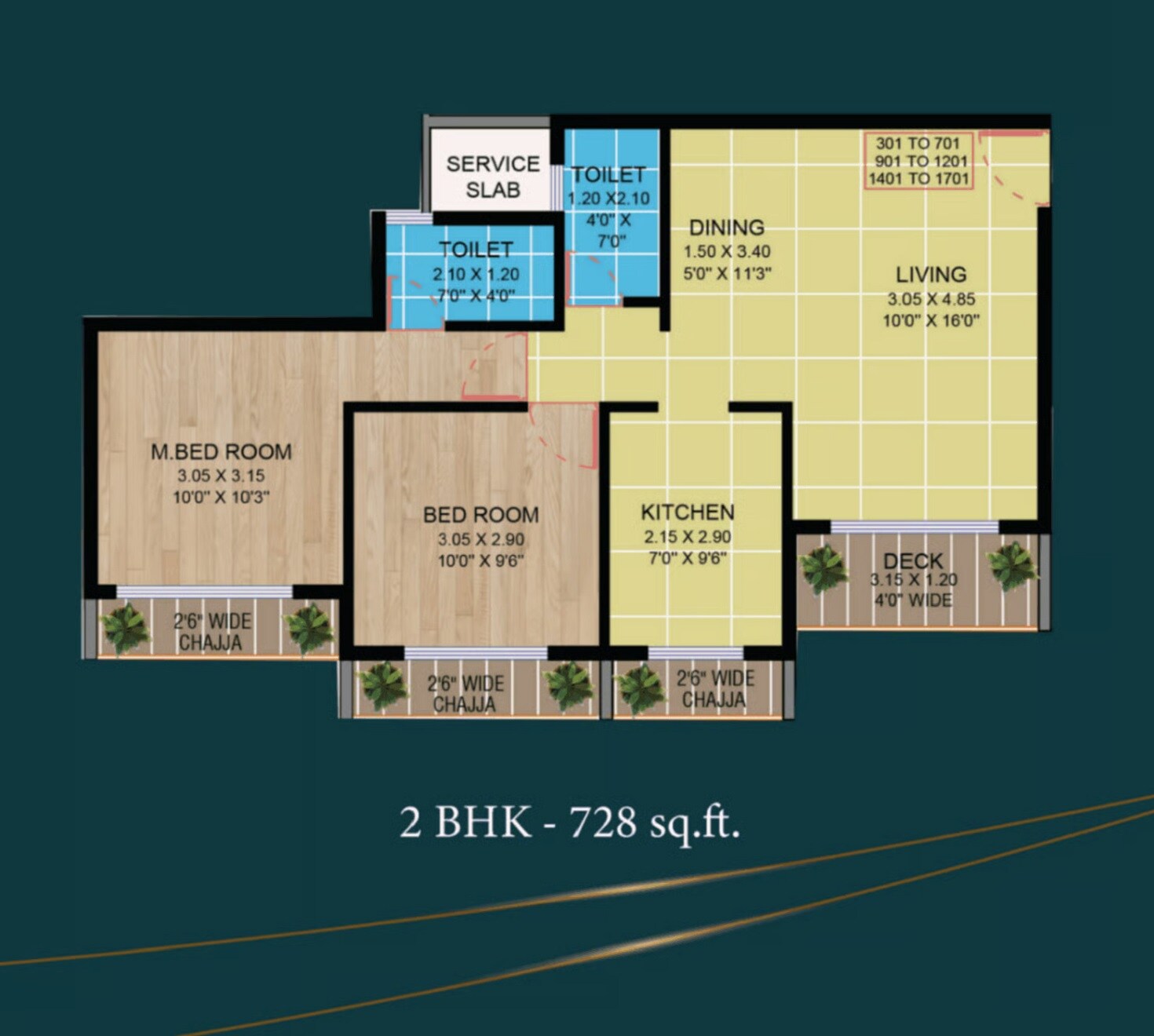 Floor plan of 2 BHK 728 Sq. Ft. Apartment in Ellora Emerald, Navi Mumbai