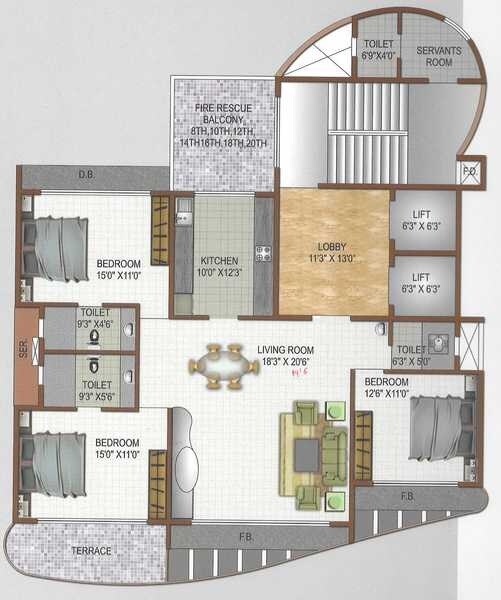 Floor plan of 3 BHK 2125 Sq. Ft. Apartment in Ellora Glisten, Navi Mumbai