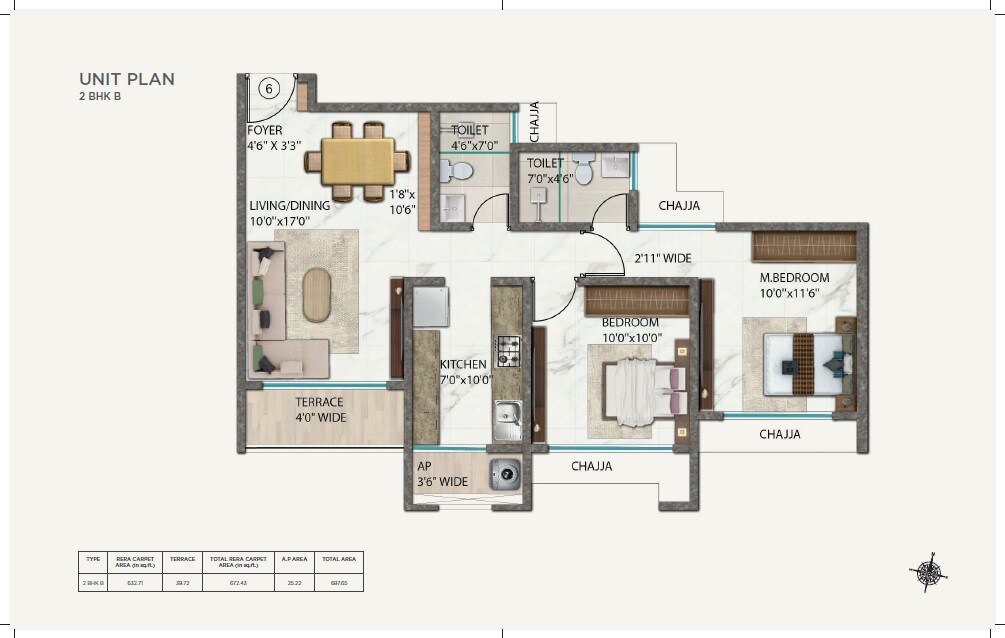 Floor plan of 2 BHK 632 Sq. Ft. Apartment in Ellora Rainbow Life, Navi Mumbai