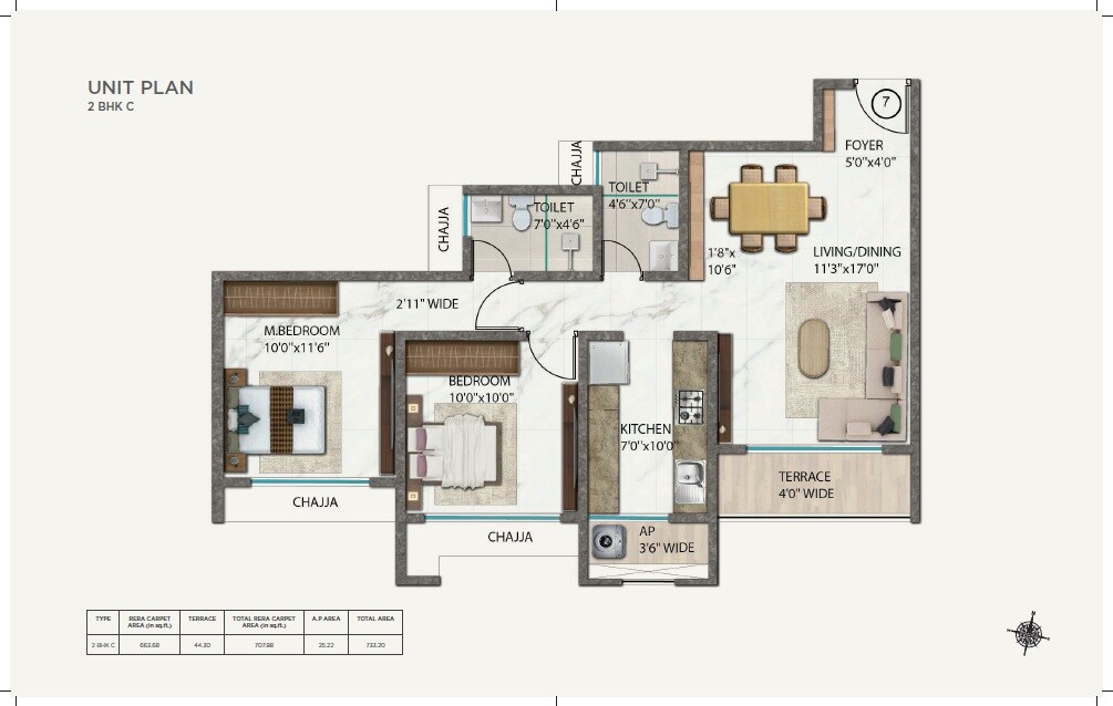 Floor plan of 2 BHK 663 Sq. Ft. Apartment in Ellora Rainbow Life, Navi Mumbai