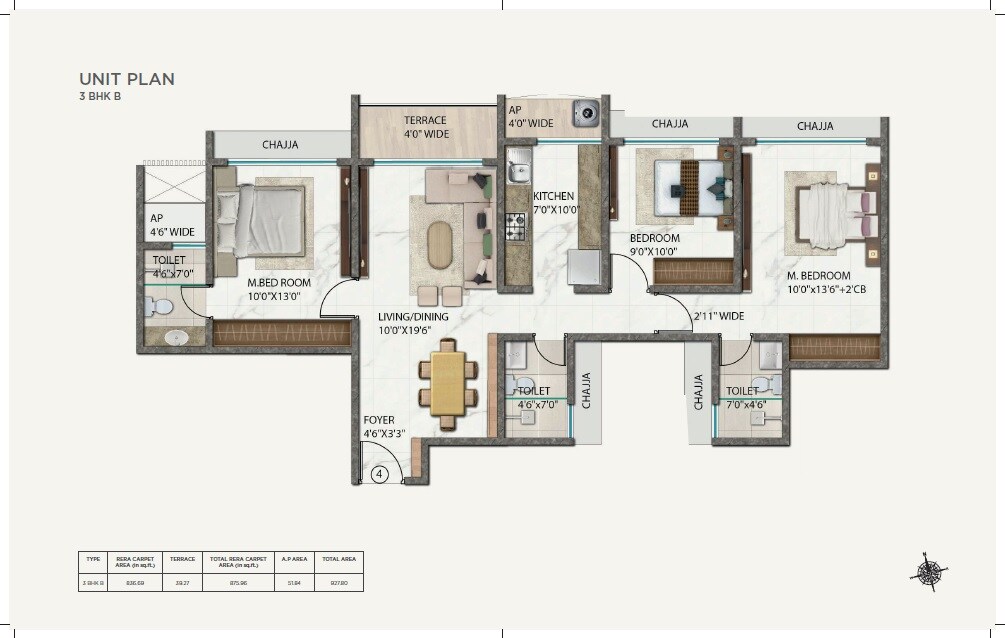 Floor plan of 3 BHK 836 Sq. Ft. Apartment in Ellora Rainbow Life, Navi Mumbai