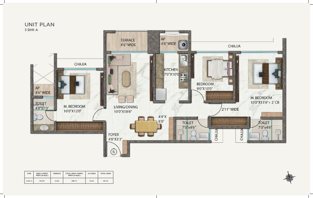Floor plan of 3 BHK 852 Sq. Ft. Apartment in Ellora Rainbow Life, Navi Mumbai