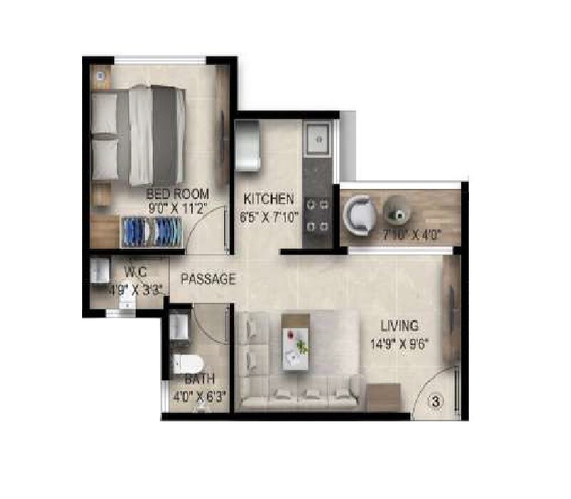Floor plan of 1 BHK 333 Sq. Ft. Apartment in Emkayen Balaji Pride, Navi Mumbai