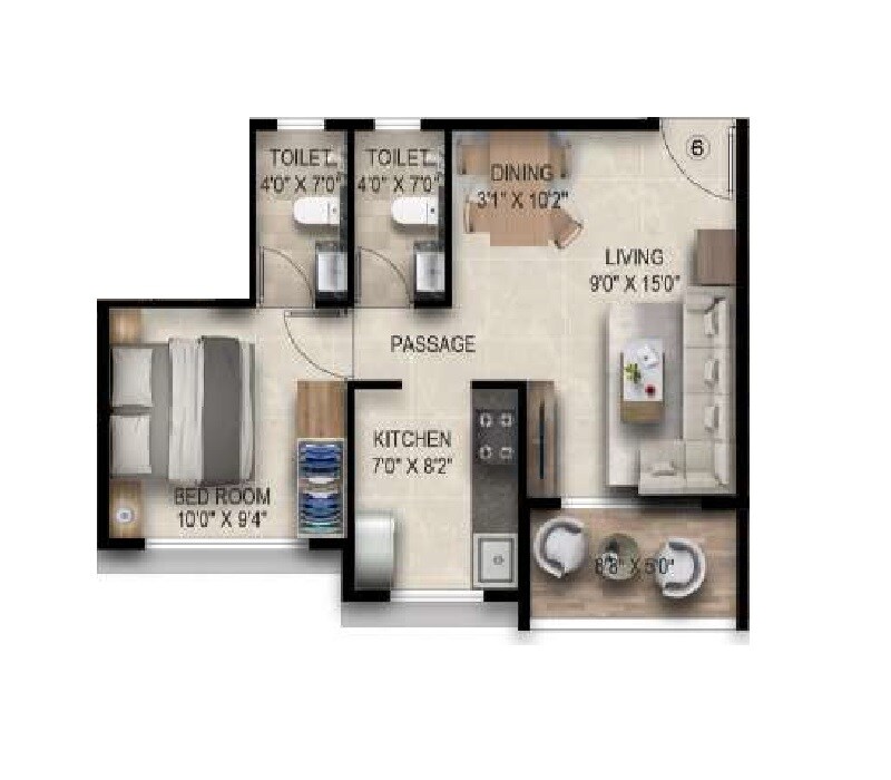 Floor plan of 1 BHK 400 Sq. Ft. Apartment in Emkayen Balaji Pride, Navi Mumbai