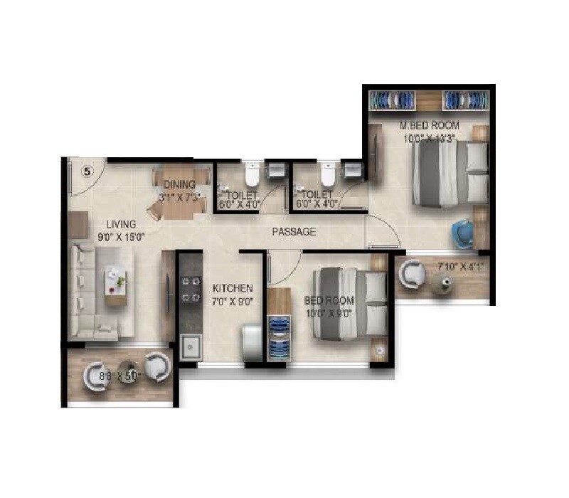 Floor plan of 2 BHK 551 Sq. Ft. Apartment in Emkayen Balaji Pride, Navi Mumbai