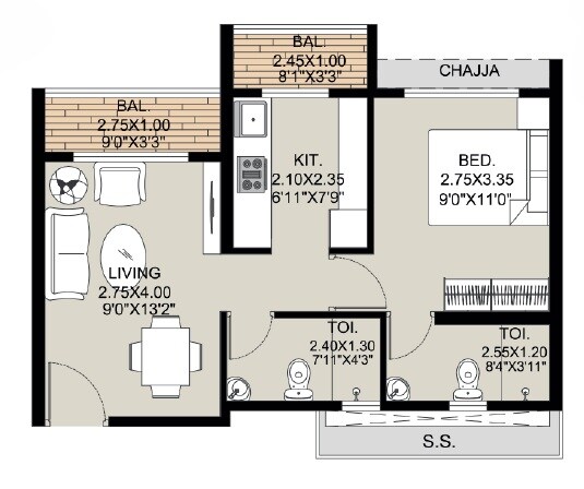 Floor plan of 1 BHK 368 Sq. Ft. Apartment in Emperia Hill Creast, Navi Mumbai