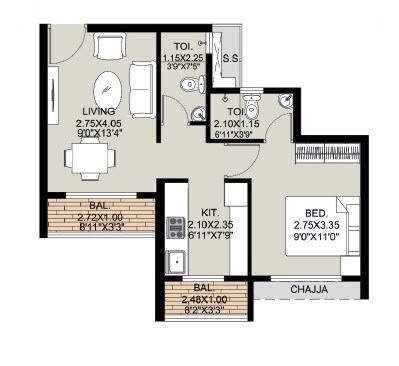 Floor plan of 1 BHK 436 Sq. Ft. Apartment in Emperia Hill Creast, Navi Mumbai